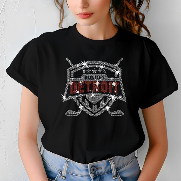 Detroit Hockey Rhinestone T-Shirt, Bling Sports Tee, Sparkling Hockey Shirt, Custom Team Apparel, Game Day Shirt, Gift for Fans