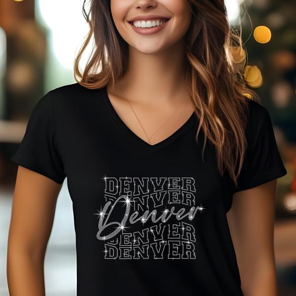 Denver Rhinestone Football T-Shirt - Sparkly Game Day Tee for Fans, Tailgates & Sports Events - Game Day Gift for Football Lovers