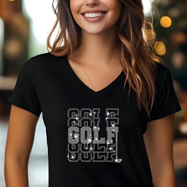 Golf Retro Stylish Rhinestone T-Shirt, Sparkly Women's Golf Tee, Golf Lover Shirt, Bling Golf Apparel, Gift for Golfers, Golf Fashion