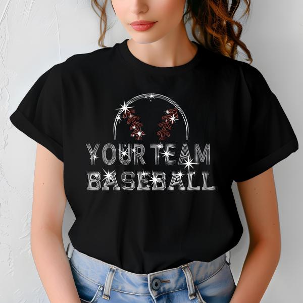 Custom Rhinestone Baseball T-Shirt - Personalized Bling Baseball Tee - Women's Sparkle Sports Shirt - Game Day Baseball Fan Gift