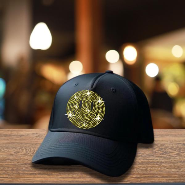 Smiley Rhinestone Cap, Smiley Face Hat, Emoji Hat, Smile Face Hat, Snapback 5 Panel Cap