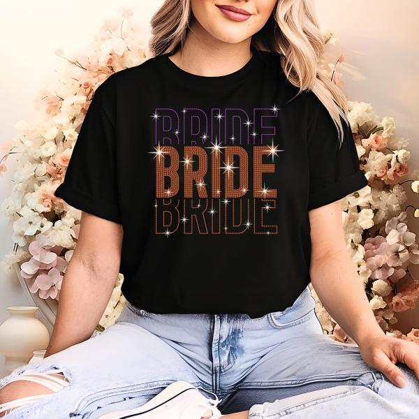 Bride Rhinestone T-Shirt With a Stacked Font, Bridal Party Shirt, Newlywed Beach Bach Tee-Shirt, Wedding Outfit, Engagement Gift For Her