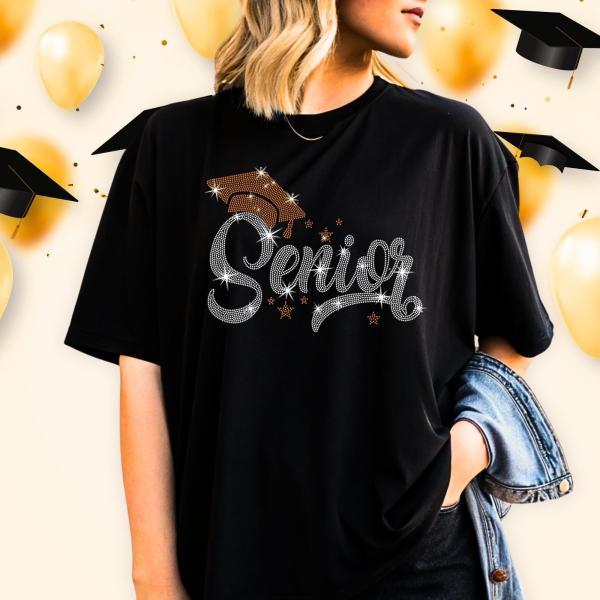 Senior With Hat Rhinestone T-Shirt, Gift for Graduate, Graduation Tee-Shirt Gift for Mom, Graduation Party Shirt, Senior 2025 Sweatshirt