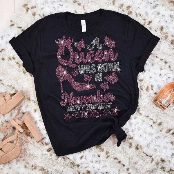Birthday Rhinestone T-Shirt for Queens Born in November, Birthday Month Gift, Zodiac Sign Libra Shirt, Scorpio Season Unique Design Shirt