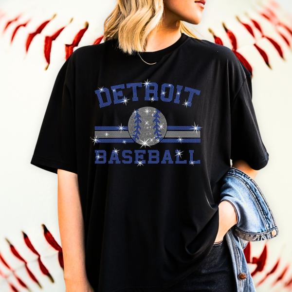 Detroit Baseball Rhinestone T-Shirt, Sports Season Teams Tee-Shirt, Team Spirit Tee, Tailgating Gift For Sport Fans, Game Day Gear