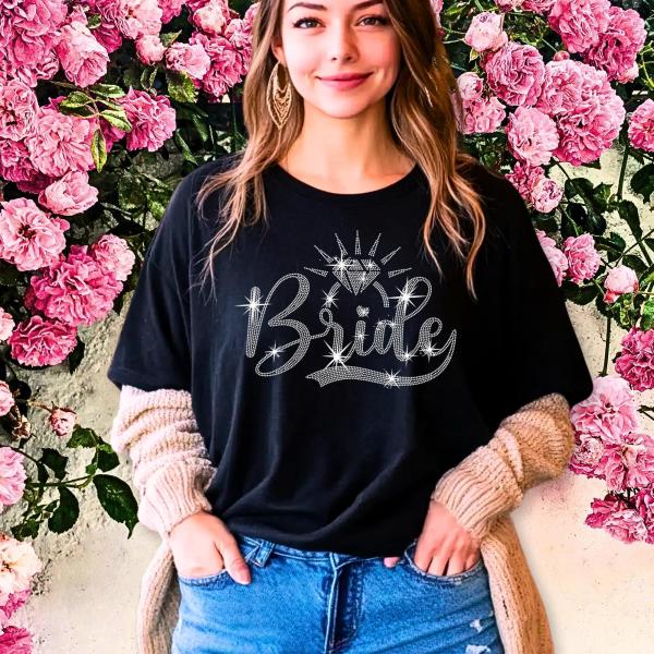 Bride Rhinestone T-shirt with Sparkling Diamond Shape, Newly Married Tee-Shirt, Wedding-Bridal Shower Shirt Gift, Bachelorette Matching Tee