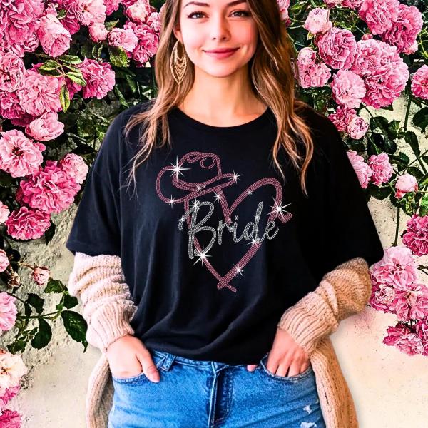 Bride Inside Heart Cowgirl Hat Rhinestone T-Shirt, Loved Newlywed Dream Shirt, Bridal Shower Apparel, Matching Wedding Party Tee-Shirt