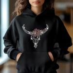 Western Red Rhinestone T-Shirt, Cow Skull Boho Chic Design, Sparkling Bull Skull Top, Womenâ€™s Black Casual Tee, Country Concert Outfit