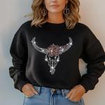 Western Red Rhinestone T-Shirt, Cow Skull Boho Chic Design, Sparkling Bull Skull Top, Womenâ€™s Black Casual Tee, Country Concert Outfit