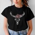 Western Red Rhinestone T-Shirt, Cow Skull Boho Chic Design, Sparkling Bull Skull Top, Womenâ€™s Black Casual Tee, Country Concert Outfit