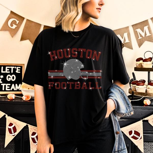 Houston Football Rhinestone T-Shirt, Sports Team Tee-Shirt, Unisex Soft-Style Shirt, Trendy Vintage Retro Style Shirt for Game Day