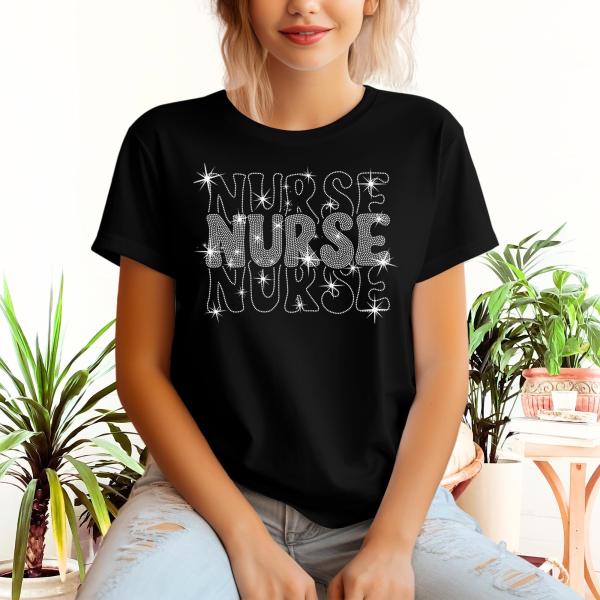 Nurse Rhinestone T-Shirt with Stacked Font, Retro Nurse Shirt, Comfort Colors Nurse Life Apparel, Graduation Gift Tee-Shirt for Nurse