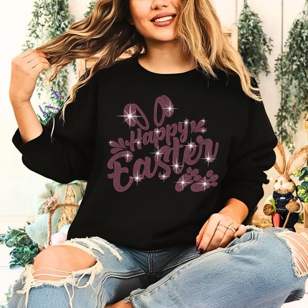 Happy Easter Rhinestone T-Shirt, Matching Family Shirt, Groovy Easter Day Tee-Shirt, Cool Cute Bunny Sweatshirt Gift for Boys or Girls