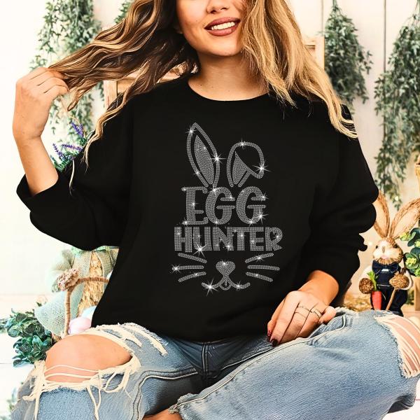 Egg Hunter Rhinestone Sweatshirt,  Hunting Season Bunny Shirt,  Boys or Girls Matching Easter Tee-Shirt, Gift Shirt for Easter Festivities