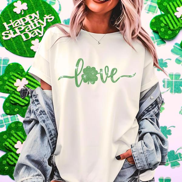 Love Clover Rhinestone T-Shirt, Unique  Retro Design Four Leaf Clover & Shamrock Tee-Shirt, St Patty's Day Gift Idea for Best Friends