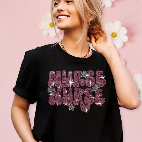 Nurse Pink Daisy Rhinestone T-Shirt, Healthcare Appreciation Shirt Gift, Nursing Era Tee-Shirt, Nursing Student Graduation Apparel