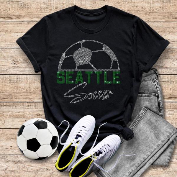 Seattle Rhinestone T-Shirt, Soccer Fans Game Day Apparel, Sports Lovers Favorite Fashion Design, High-Quality Soft-Style Cotton Tee Shirt