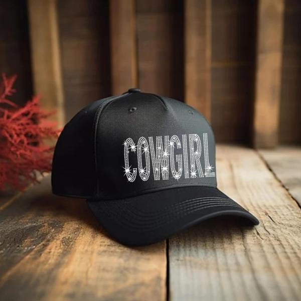COWGIRL Hat Rhinestone - Sparkly Black Baseball Cap - Western Glam Adjustable Hat - Bling Cowgirl Gift, Rodeo Style Party Cap, Gift for Her