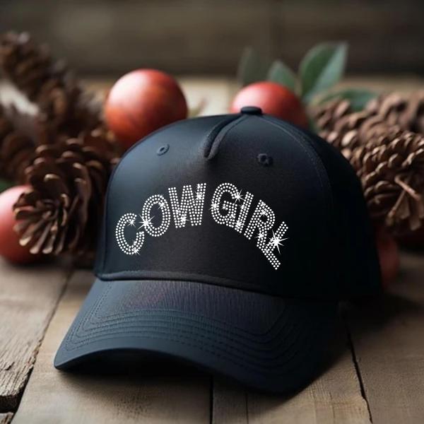 COWGIRL Hat Rhinestone - Sparkly Black Baseball Cap - Western Glam Adjustable Hat - Bling Cowgirl Gift, Rodeo Style Party Cap, Gift for Her