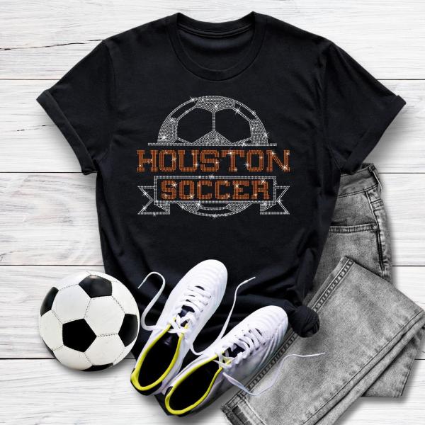 Houston Rhinestone T-Shirt, Soccer Game Day Outfit, Comfy and Stylish Comfort Colors Unique Design Soccer Shirt, Soccer Mom Gift Shirt
