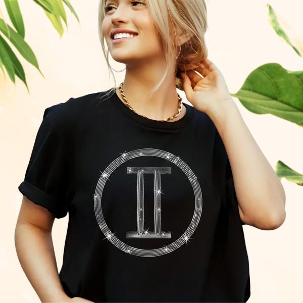 Gemini Sign Glittering Rhinestone T-Shirt, Retro Astrology Shirts, Birthday Horoscope Shirt, Unisex Shirt Gift For Gemini Girls and Men
