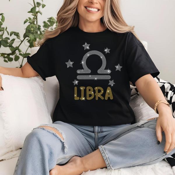 Libra Glittering Rhinestone T-Shirt, Zodiac Sign Birthday Shirt, With Constellation Symbol, Unique Design Astrological Romantic Gift Shirt