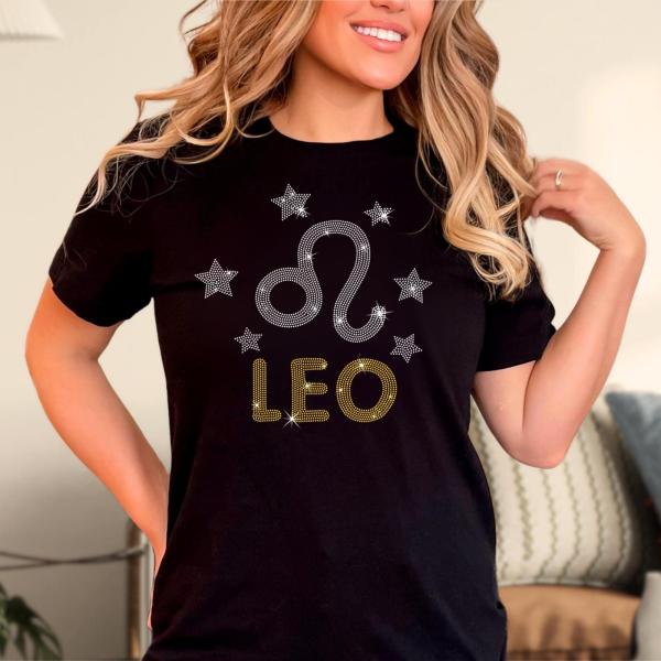 Leo Sparkling Rhinestone T-Shirt, Trendy Zodiac Sign Vintage Style Tee, Celestial Birth Sign Shirt, Unique Birthday Gift Shirt for Your Love