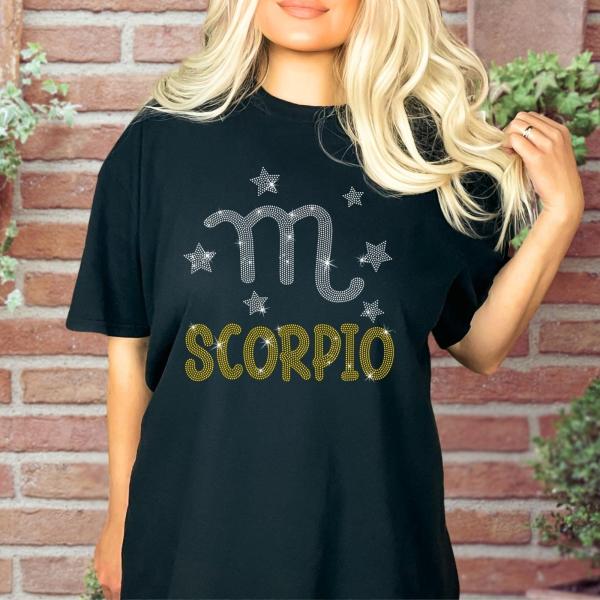 Scorpion Rhinestone Glittering T-Shirt, Unique Design Birthday Gift for Women or Men, Retro Stylish and Comfortable Astrological Tee Shirt