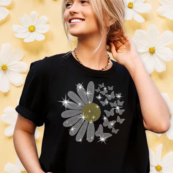 Daisy with Butterflies Rhinestone T-Shirt, Cute Inspirational Festival Apparel, Unique Natural Design Tee-Shirt for Summer, Good Vibes Tee