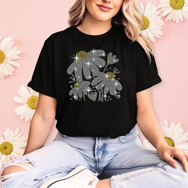 Daisies Rhinestone T-Shirt, Daisy Lover Outfit, Gardener Gift, Nature Shirt, Wild Flowers Tee, Floral Retro Top, Casual Summer Apparel