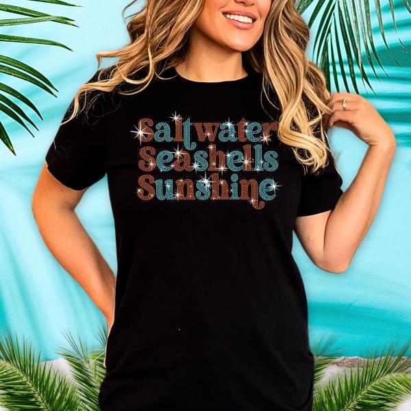 Saltwater Seashells Sunshine Rhinestone T-Shirt with Colourful Letters, Unisex Summer Vacation Beach Trip Tee-Shirt, Aesthetic Surf Tee