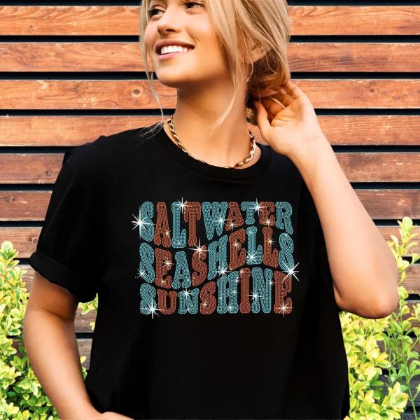 Saltwater Seashells Sunshine Wavy Texted Rhinestone T-shirt, Unisex Summer Wear, Vacation Trip Coastal Shirt, Sea & Beach lover Gift