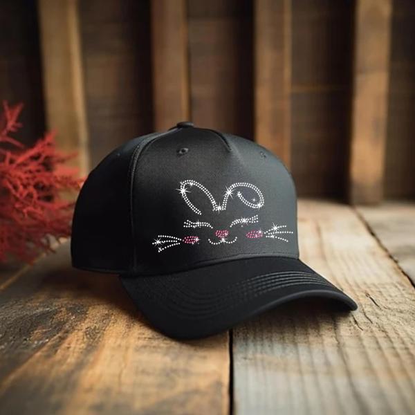 Bunny Face Hat Rhinestone Cute Sparkly Rabbit Cap, Adjustable Black Bling Hat for Easter, Animal Lovers, and Bunny Gifts