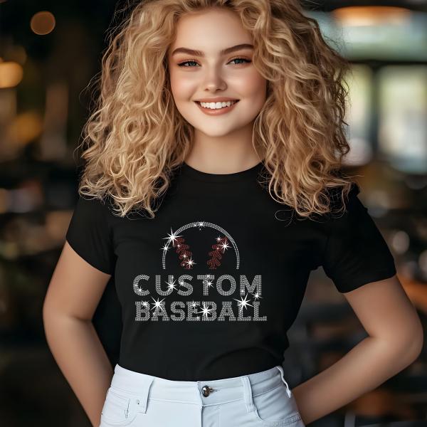 Custom Rhinestone Baseball T-Shirt - Personalized Bling Baseball Tee - Women's Sparkle Sports Shirt - Game Day Baseball Fan Gift