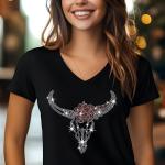 Western Red Rhinestone T-Shirt, Cow Skull Boho Chic Design, Sparkling Bull Skull Top, Womenâ€™s Black Casual Tee, Country Concert Outfit