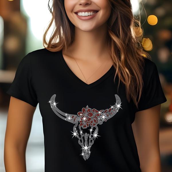 Western Red Rhinestone T-Shirt, Cow Skull Boho Chic Design, Sparkling Bull Skull Top, Womenâ€™s Black Casual Tee, Country Concert Outfit