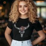 Western Red Rhinestone T-Shirt, Cow Skull Boho Chic Design, Sparkling Bull Skull Top, Womenâ€™s Black Casual Tee, Country Concert Outfit